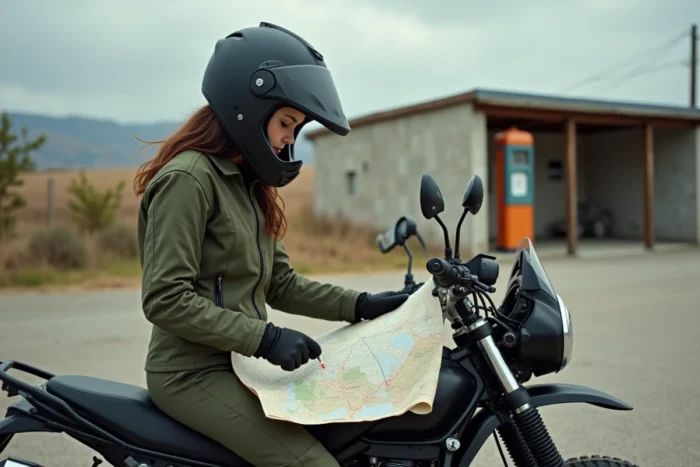 Femme aventurière en équipement moto consultant une carte routière sur sa moto adventure dans une station-service rurale