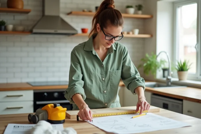 Femme réalisant un projet de bricolage en bois sur une table de cuisine avec des outils de mesure