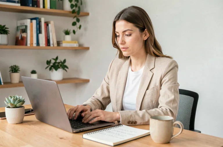 Femme travaillant sur son ordinateur portable dans un bureau home office moderne pour optimiser sa présence en ligne