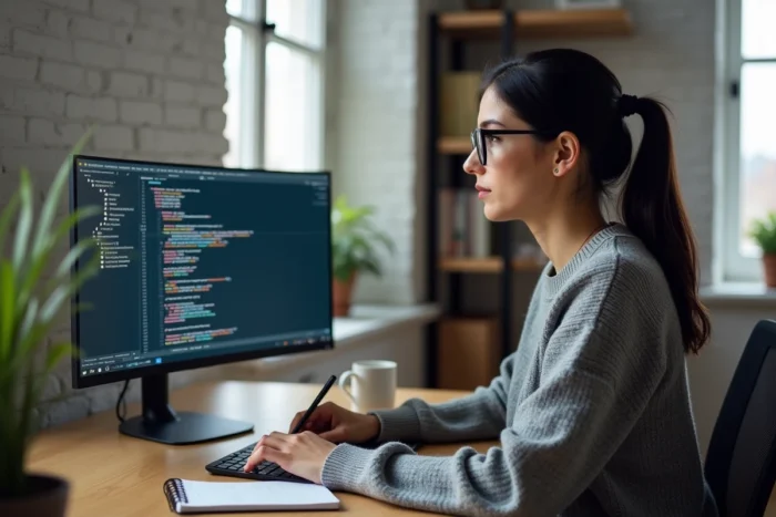Femme en télétravail consultant des tendances informatiques sur un grand écran dans un bureau moderne et minimaliste