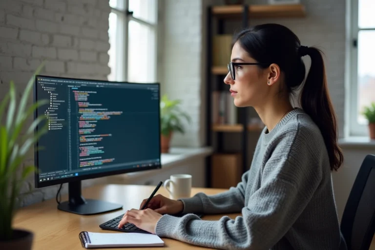 Femme en télétravail consultant des tendances informatiques sur un grand écran dans un bureau moderne et minimaliste