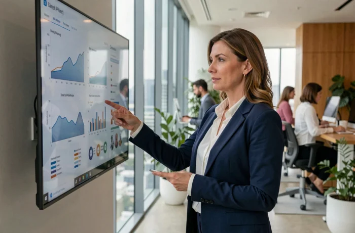 Femme cadre analysant des données sur écran tactile dans un bureau moderne vitré avec vue sur la ville, tendances business 2024