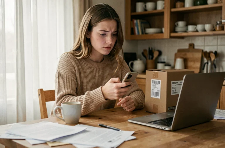 Jeune femme inquiète consultant son téléphone à côté d'un colis non récupéré sur une table en bois