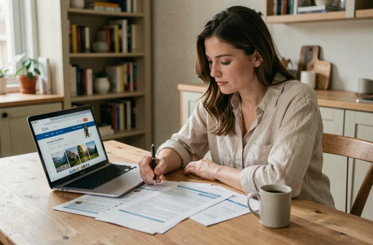 Femme consultant des documents d'assurance voyage sur une table en bois avec un ordinateur portable affichant un comparatif d'assurances