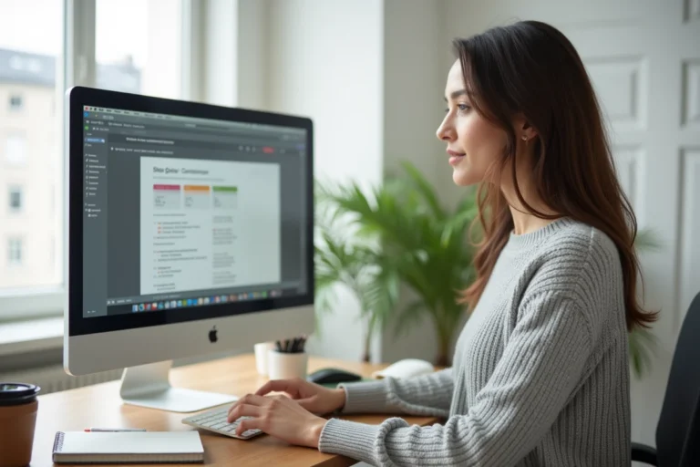 Femme consultant un sitemap de site web sur un grand écran dans un bureau à domicile moderne