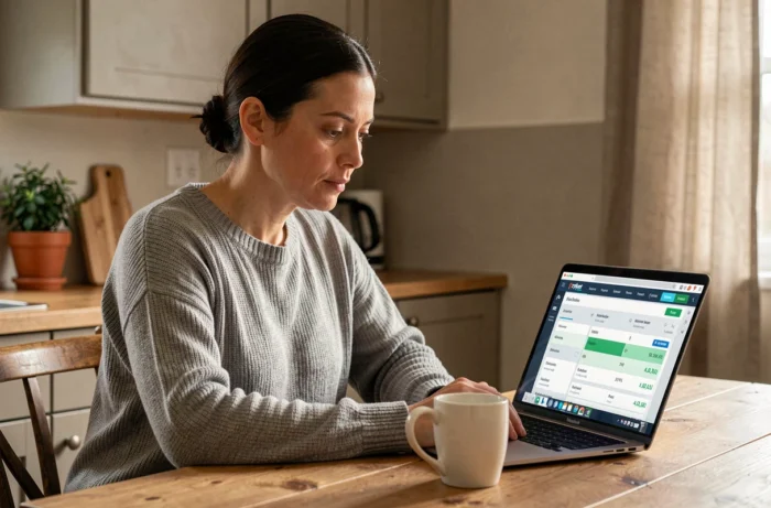Femme consultant une demande de mini prêt express en ligne sur son ordinateur portable dans une cuisine moderne