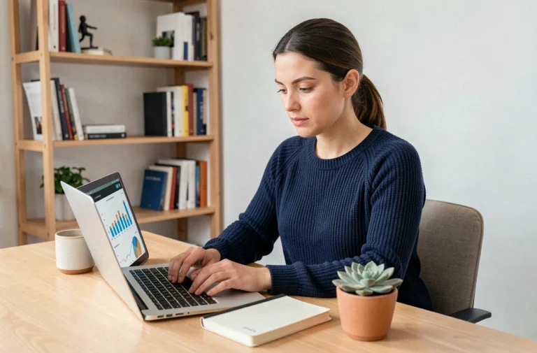 Femme entrepreneur travaillant sur son business en ligne depuis un bureau à domicile bien organisé, avec un ordinateur portable affichant des statistiques de revenus