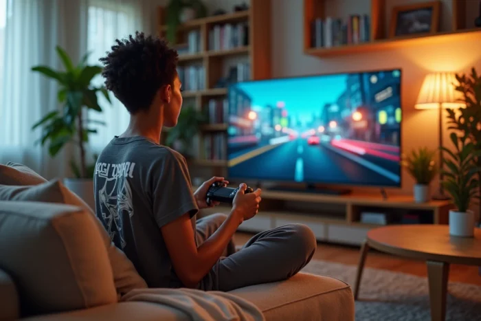 Femme joueuse assise sur un canapé tenant une manette de jeu vidéo devant un écran TV dans un salon cosy