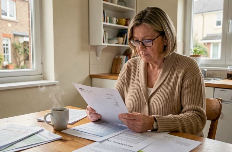 Femme lisant un contrat de bail HLM à la table de sa cuisine dans un appartement modeste