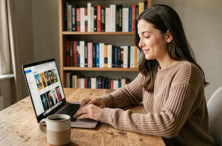 Jeune femme parcourant des ebooks gratuits sur son ordinateur portable dans un bureau à domicile