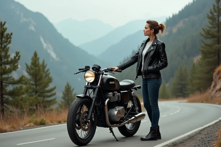 Femme motarde en veste de cuir noire debout à côté de sa moto café racer sur une route de montagne sinueuse