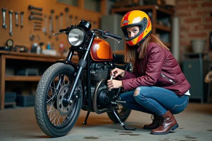 Femme passionnée de moto en tenue de riding vintage effectuant l'entretien de son scrambler dans un garage artisanal