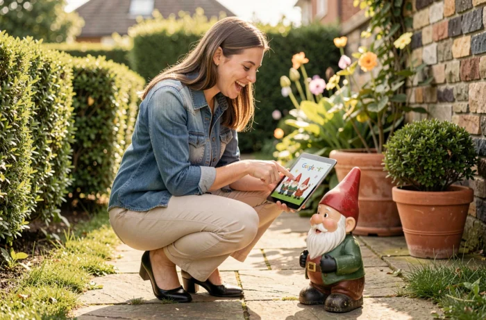 Jeune femme souriante accroupie près d'un nain de jardin dans un jardin, regardant une tablette affichant un Google Doodle animé