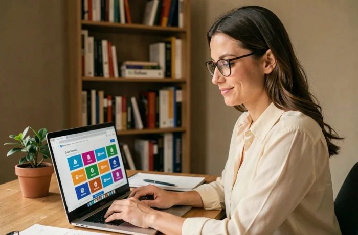 Femme professionnelle cherchant des offres d'emploi attractives en ligne sur son ordinateur portable dans un bureau à domicile moderne