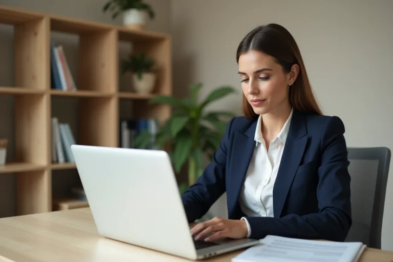 Femme professionnelle cherchant des offres d'emploi en ligne depuis son bureau à domicile en 2024