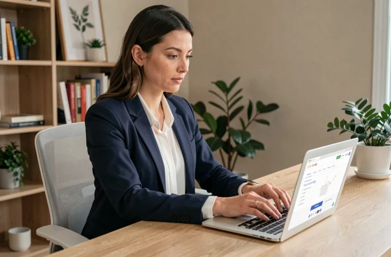 Femme professionnelle recherchant un emploi sur une plateforme spécialisée depuis son bureau à domicile