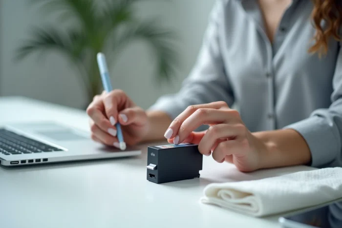 Femme réinitialisant une cartouche Canon avec un outil de remise à zéro sur un bureau blanc