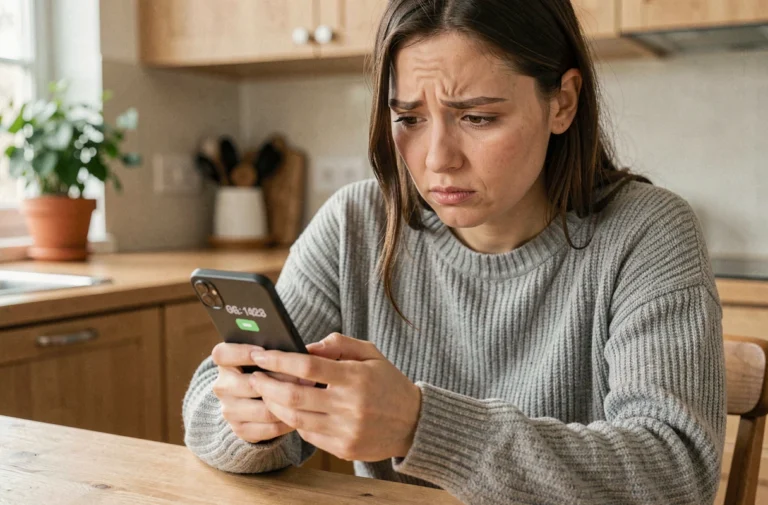 Femme consultant son smartphone avec un numéro inconnu affiché à l'écran dans une cuisine moderne