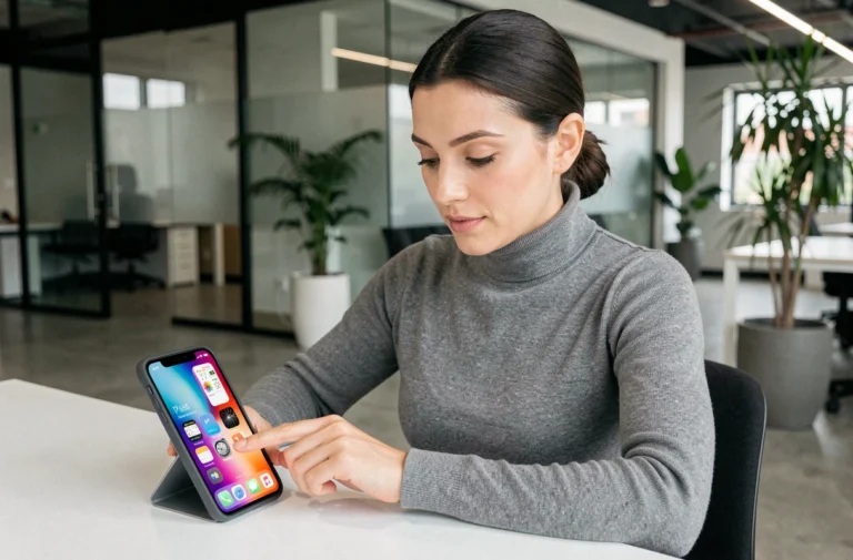 Femme utilisant un smartphone pliable dans un bureau high-tech moderne, illustrant les tendances technologiques de 2024