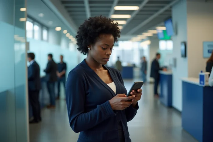 Femme vérifiant le statut de suivi d'un transfert d'argent Infinite Remit sur son smartphone en agence