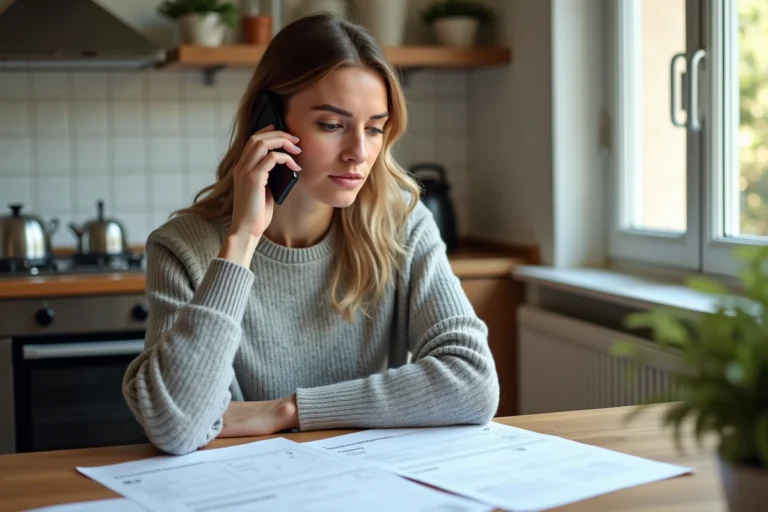Femme consultant les documents Pajemploi tout en téléphonant depuis sa cuisine