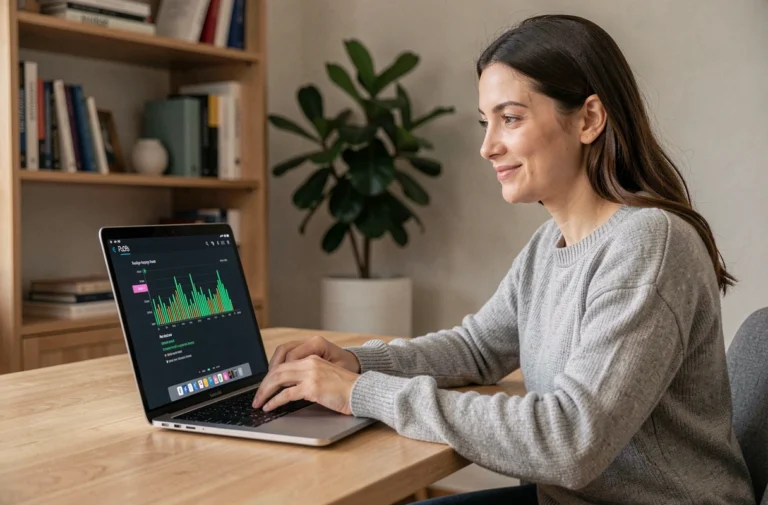 Femme consultant la vitesse de téléchargement sur son ordinateur portable dans un bureau à domicile