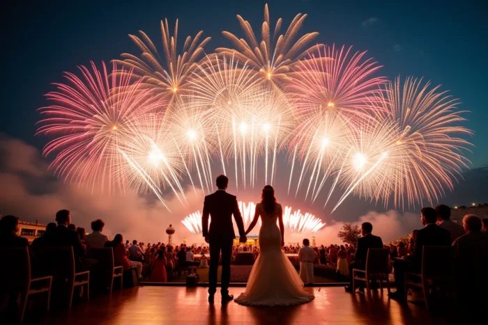 Un feu d'artifice musical synchronisé explose dans le ciel en clôture de la soirée de mariage