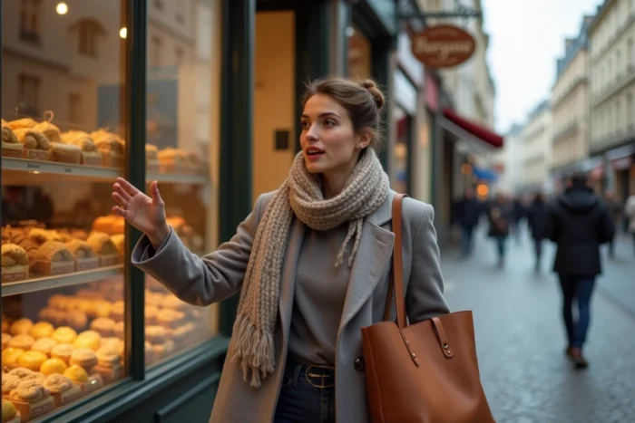 Une femme s'arrêtant devant une vitrine de boulangerie avec une envie soudaine illustrant la fringale qui guette