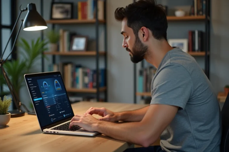 Homme utilisant un garage en ligne sur son ordinateur portable depuis son bureau à domicile