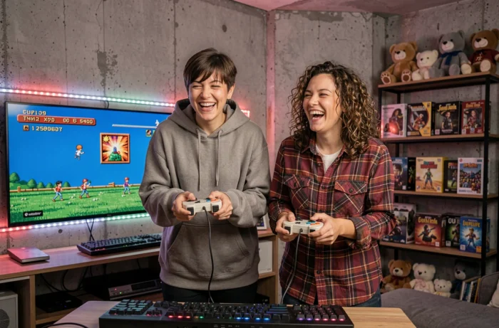 Due amiche che giocano a videogiochi retro in un appartamento creativo decorato con figurine da collezione e riferimenti geek