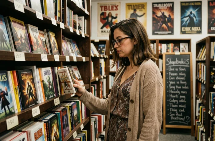 Donna appassionata di letteratura geek e fantasy che sfoglia romanzi grafici in una libreria indipendente dal decor vintage