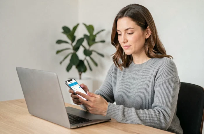 Femme gérant ses comptes bancaires en ligne via une application mobile et un ordinateur portable dans un bureau à domicile moderne