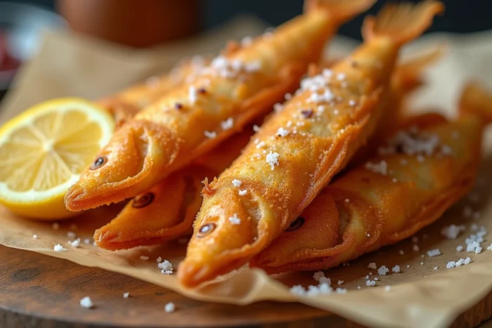 Gros plan sur des éperlans frits croustillants posés sur du papier sulfurisé brun avec sel de mer et citron, texture dorée détaillée