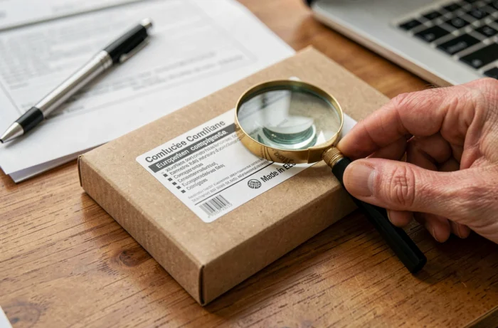 Gros plan sur une étiquette mention Made in EEC sur un emballage produit lors d'un audit de traçabilité