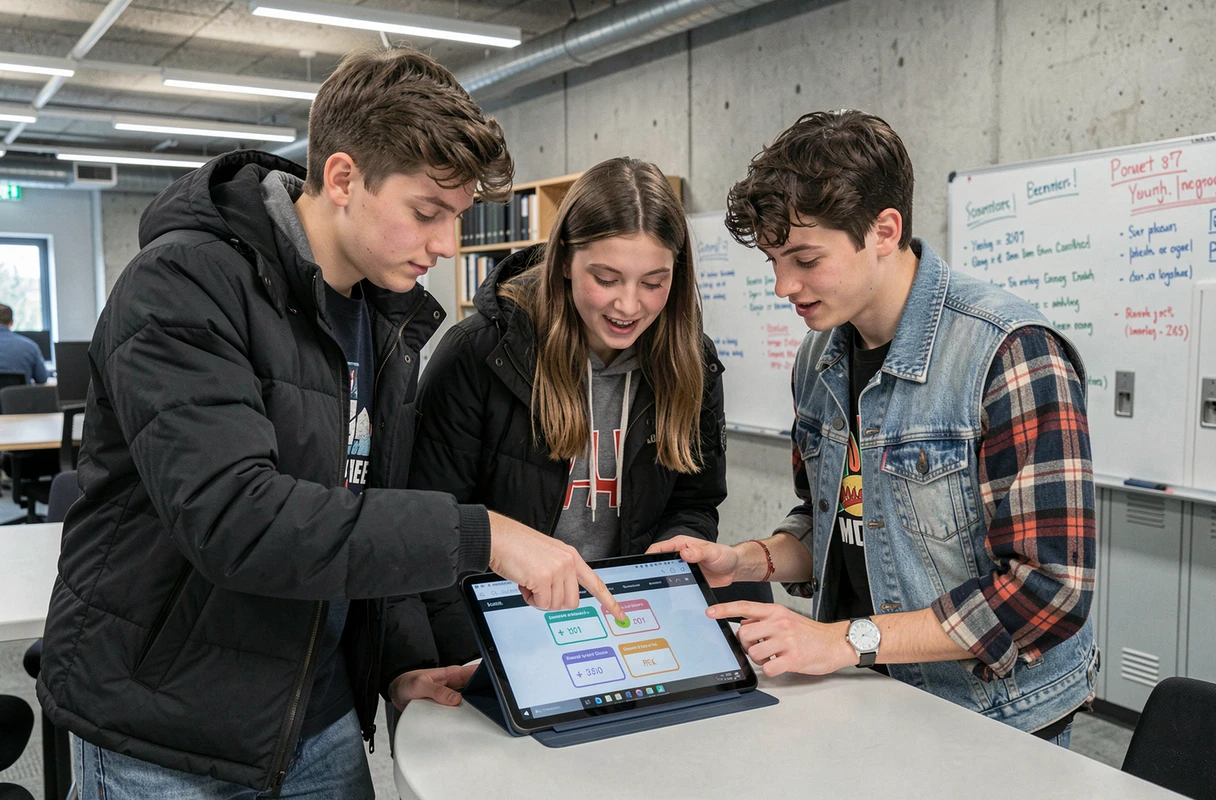 Trois jeunes en insertion professionnelle consultent ensemble leur suivi individualisé sur l'outil numérique Zidore dans un espace collaboratif