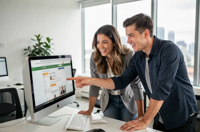 Groupe de jeunes professionnels explorant ensemble des offres d'emploi en ligne sur un ordinateur de bureau dans un open space moderne