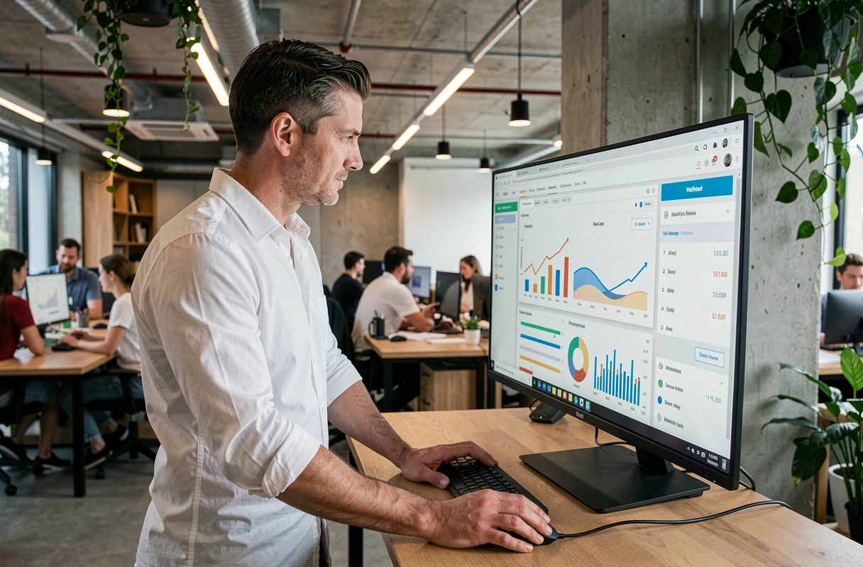 Homme d'affaires analysant ses revenus en ligne sur un grand écran dans un espace de coworking moderne avec tableaux de bord e-commerce
