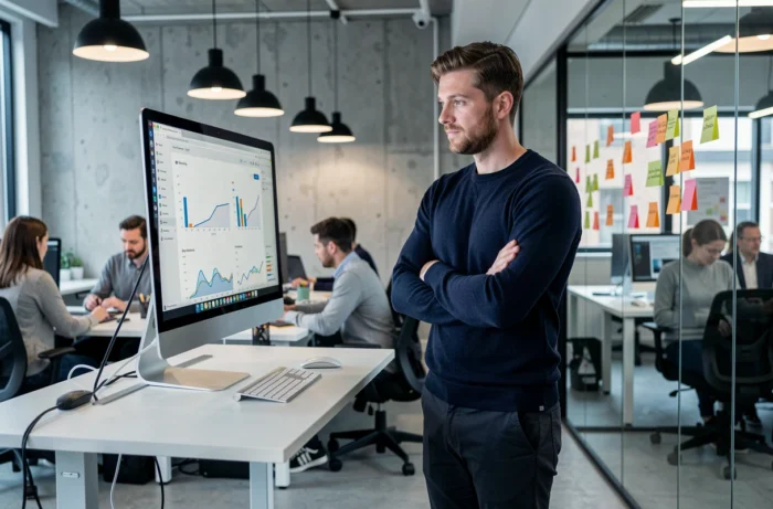 Homme analysant des données de contenu web sur un grand écran dans un open space d'agence digitale