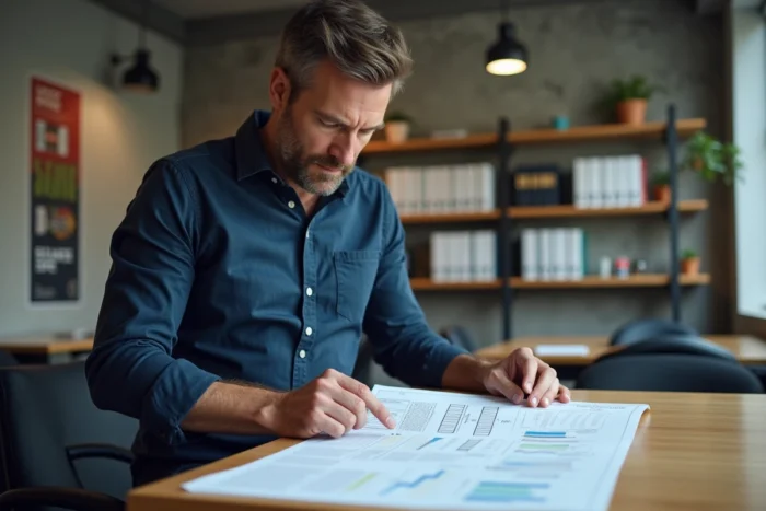 Homme analysant un plan de site imprimé dans un espace de coworking contemporain