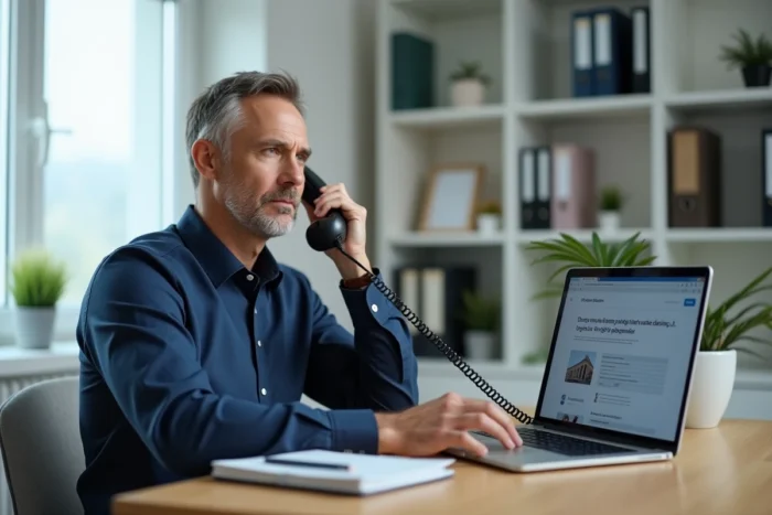 Homme en télétravail contactant Pajemploi par téléphone depuis son bureau à domicile