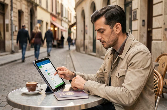 Jeune homme en terrasse de café européen comparant des assurances voyage sur une tablette avec un passeport posé sur la table