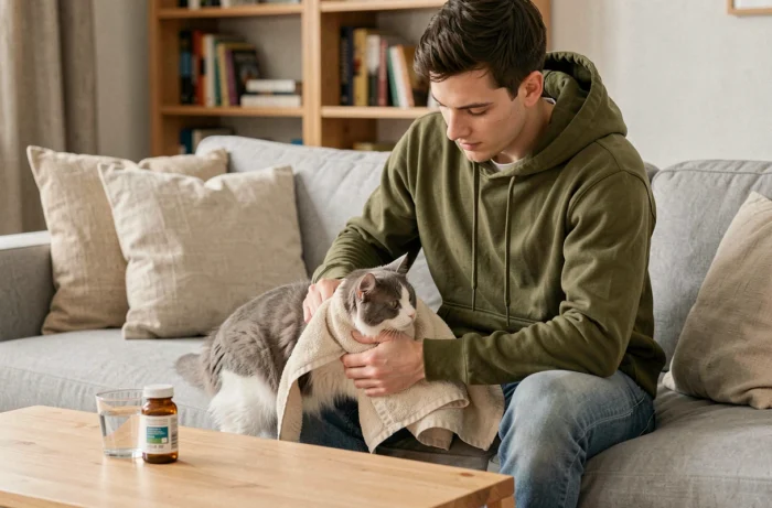 Jeune homme enveloppant son chat gris dans une serviette pour lui donner ses médicaments sur un canapé dans un salon moderne