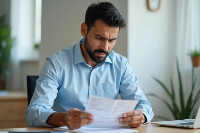 Homme consultant un reçu de virement international Infinite Remit Services à son bureau à domicile