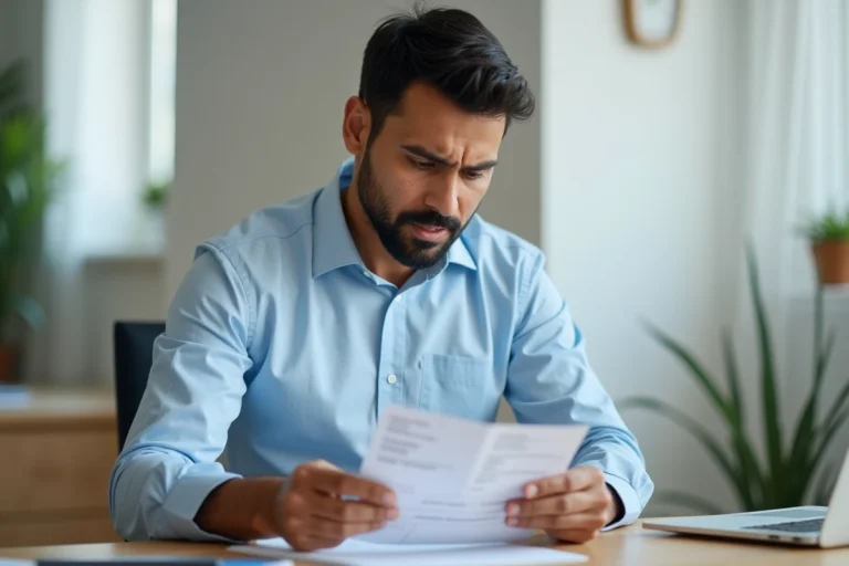 Homme consultant un reçu de virement international Infinite Remit Services à son bureau à domicile
