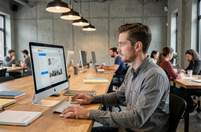Jeune homme optimisant son profil sur une plateforme de recrutement dans un espace de coworking moderne