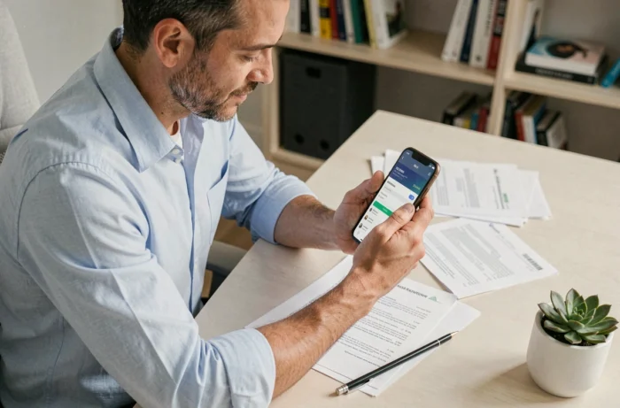Homme utilisant une application mobile pour obtenir un crédit rapide sans justificatif depuis son bureau à domicile