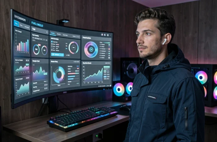Homme devant un grand écran OLED courbé avec interface IA futuriste dans un studio tech à domicile