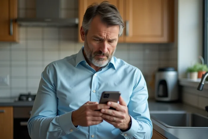Homme examinant un message suspect sur son smartphone lié à une arnaque immobilière par mail