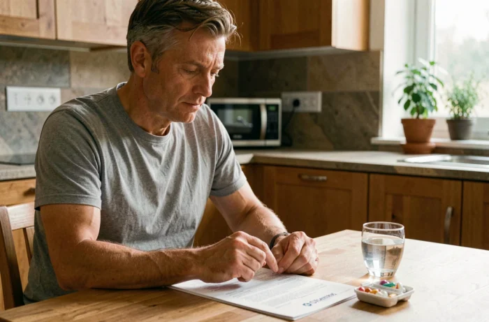 Homme consultant une notice médicale sur les effets secondaires d'un traitement hormonal sur le poids