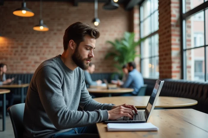 Jeune homme consultant des offres d'emploi sur un ordinateur portable dans un espace de coworking moderne